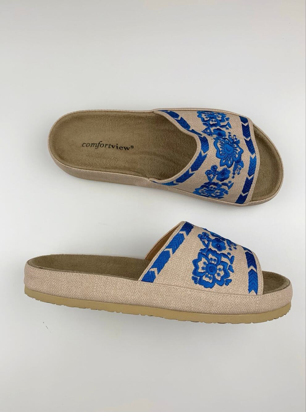Comfortview Jody Sandals Beige Slip On Slides Blue Floral Embroidery Women's 8